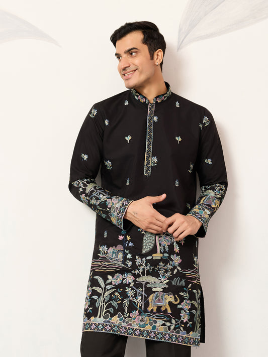Midnight Heritage Black Embroidered Kurta with Peacock & Elephant Motifs