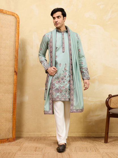 Pista Royale Heritage Embroidered Kurta Set with Regal Dupatta
