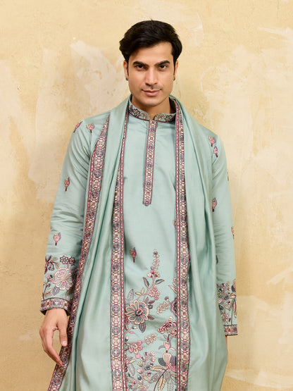 Pista Royale Heritage Embroidered Kurta Set with Regal Dupatta