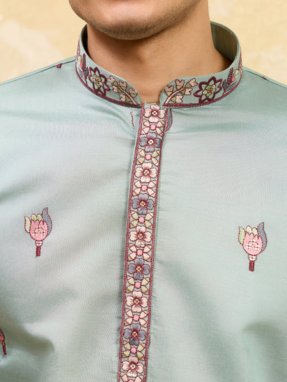 Pista Royale Heritage Embroidered Kurta Set with Regal Dupatta