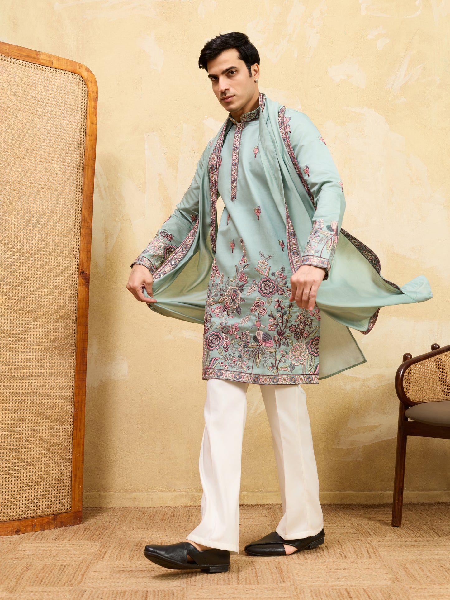 Pista Royale Heritage Embroidered Kurta Set with Regal Dupatta
