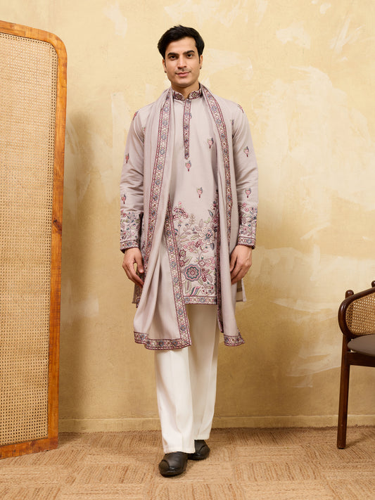 Regal Dusty Lavender Embroidered Kurta Set with Heritage Floral Detailing & Statement Dupatta