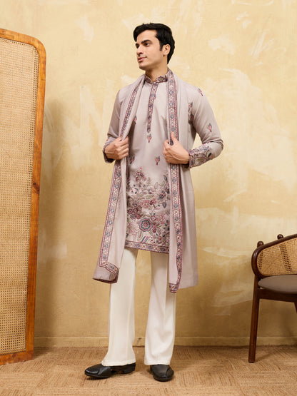 Regal Dusty Lavender Embroidered Kurta Set with Heritage Floral Detailing & Statement Dupatta