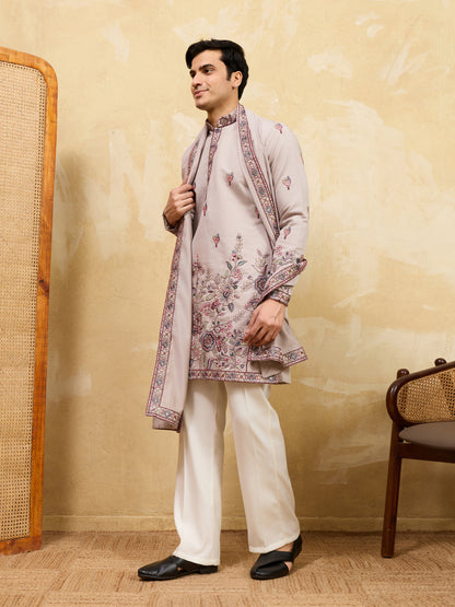 Regal Dusty Lavender Embroidered Kurta Set with Heritage Floral Detailing & Statement Dupatta