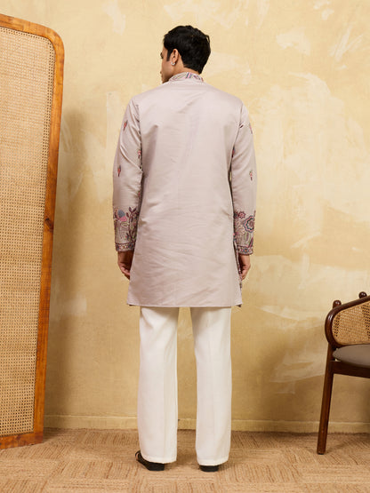 Regal Dusty Lavender Embroidered Kurta Set with Heritage Floral Detailing & Statement Dupatta