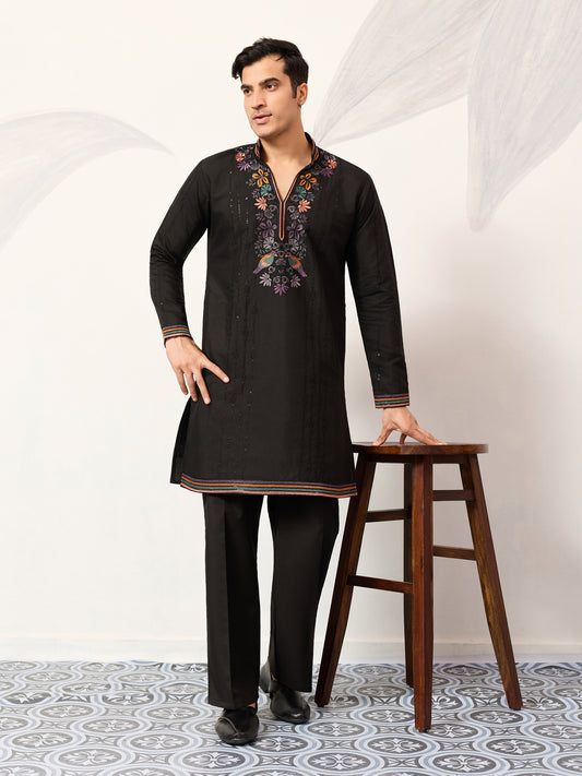 Black Luxury Kurta Set with Handcrafted Floral & Bird Embroidery