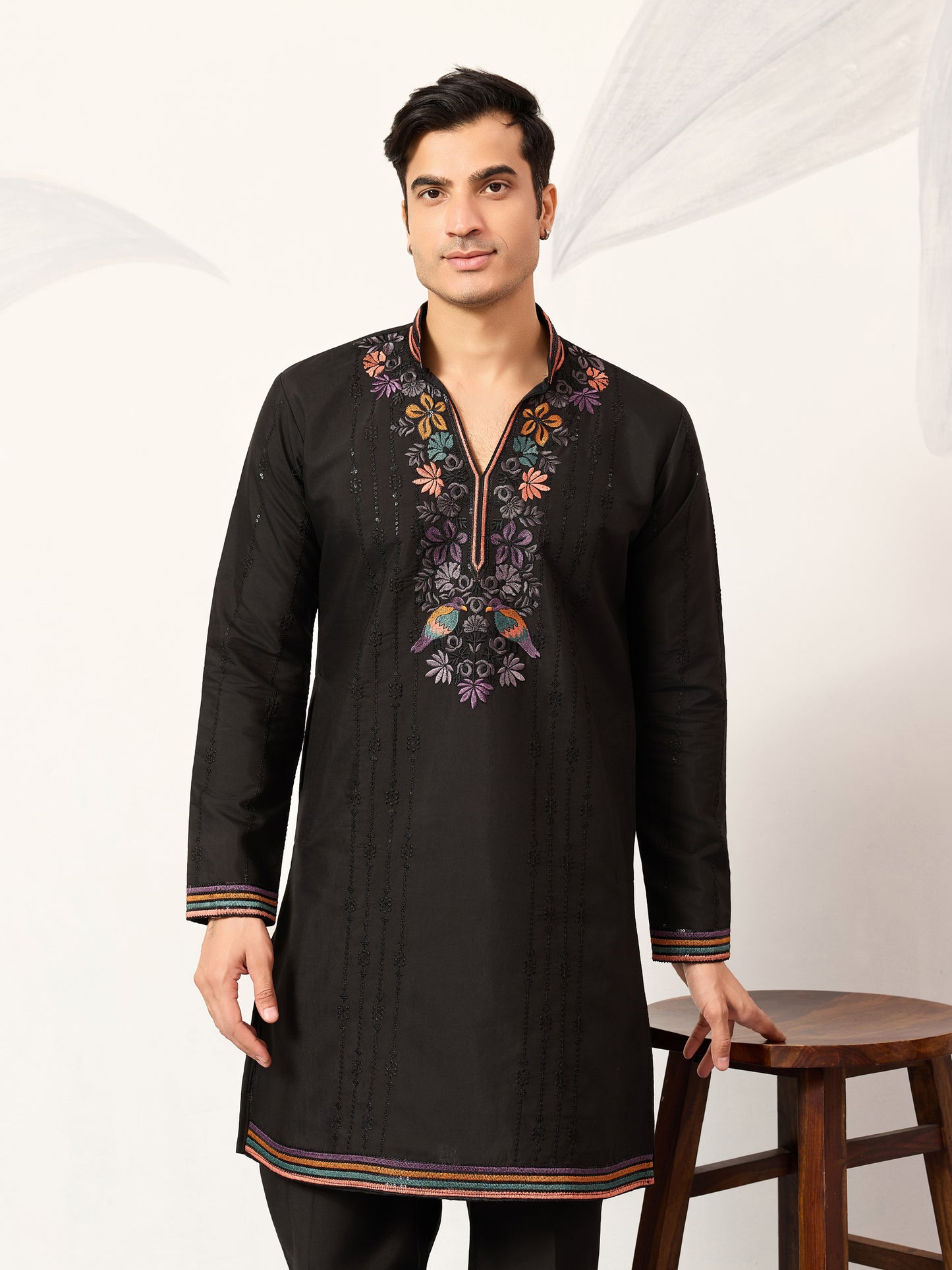 Black Luxury Kurta Set with Handcrafted Floral & Bird Embroidery