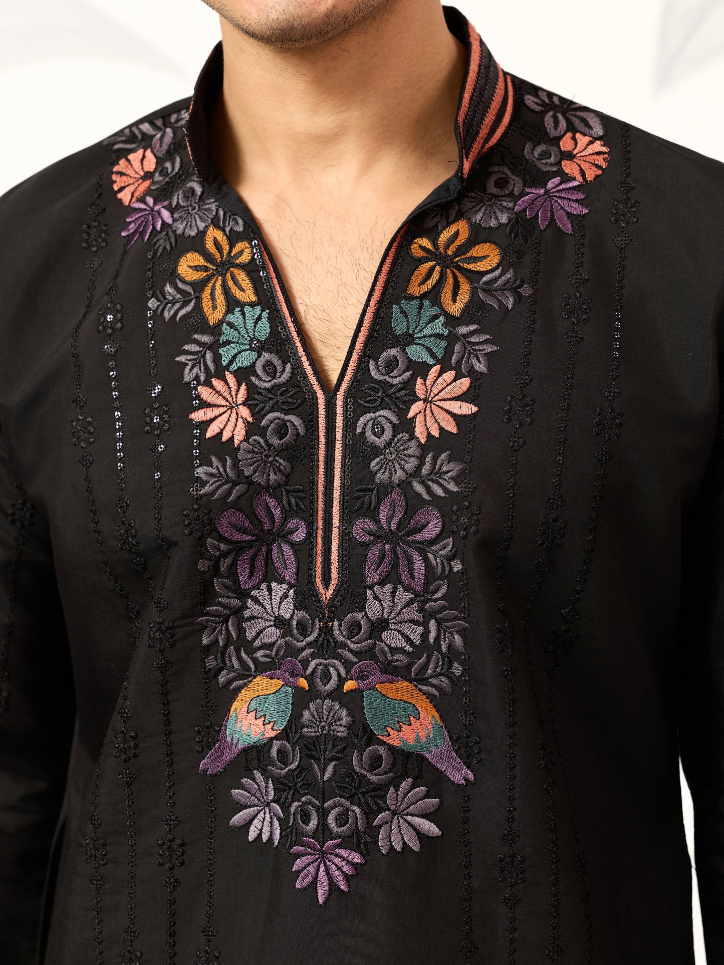 Black Luxury Kurta Set with Handcrafted Floral & Bird Embroidery