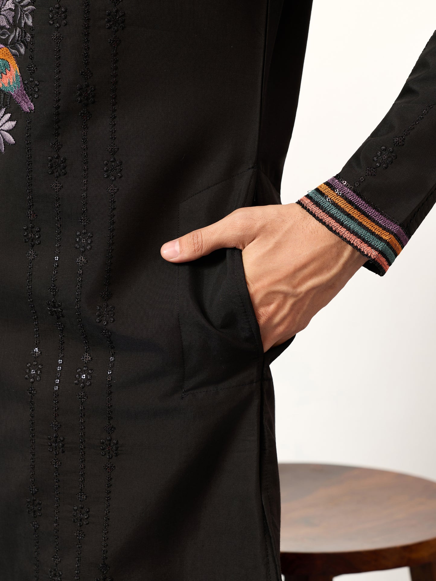 Black Luxury Kurta Set with Handcrafted Floral & Bird Embroidery