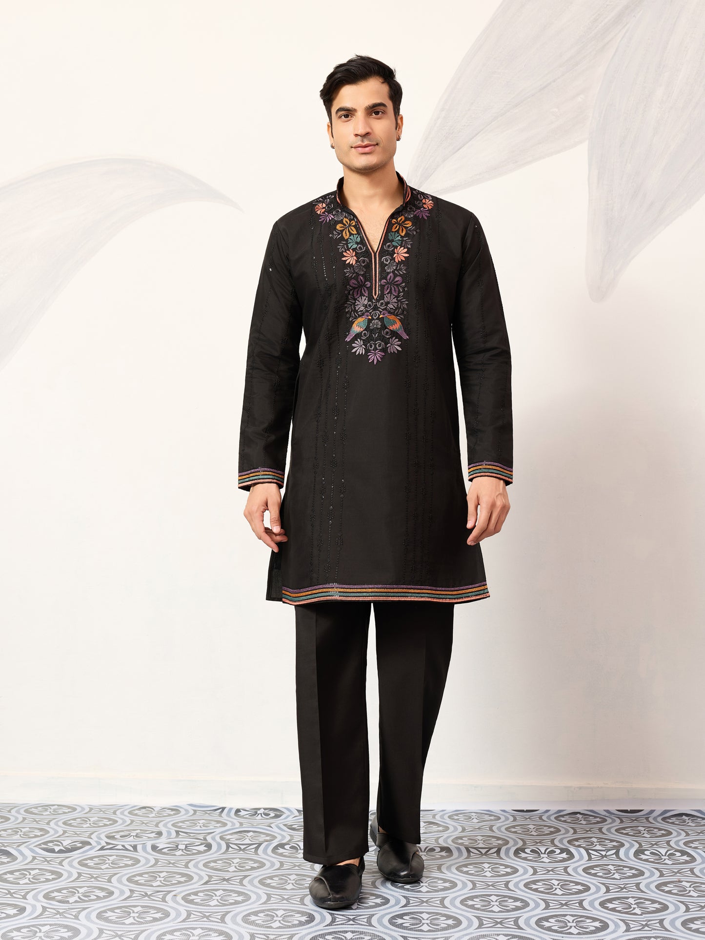 Black Luxury Kurta Set with Handcrafted Floral & Bird Embroidery