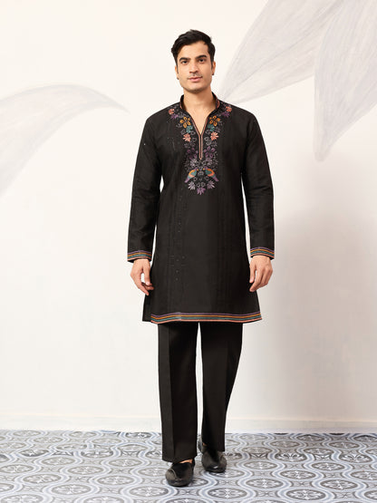 Black Luxury Kurta Set with Handcrafted Floral & Bird Embroidery