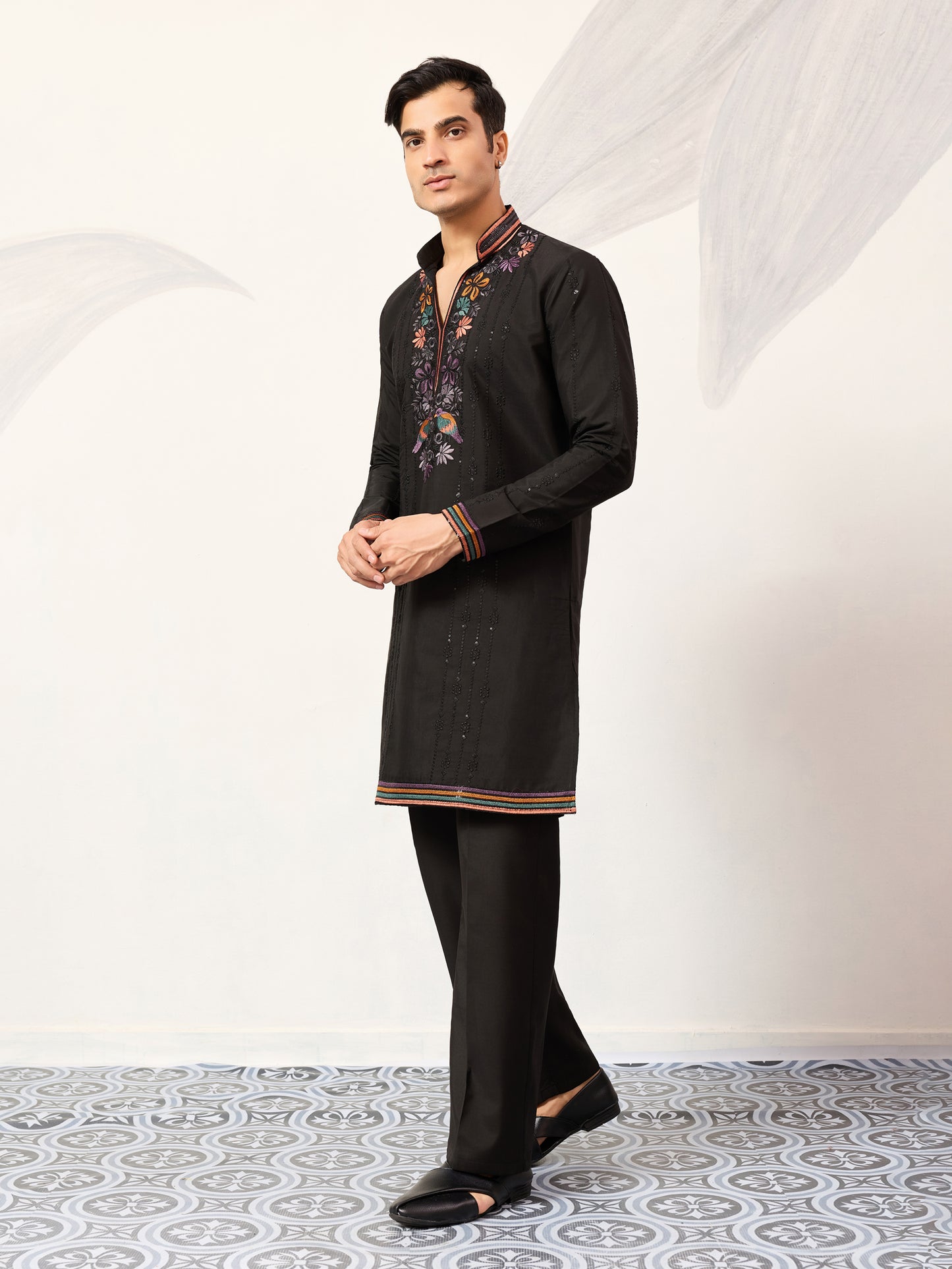 Black Luxury Kurta Set with Handcrafted Floral & Bird Embroidery