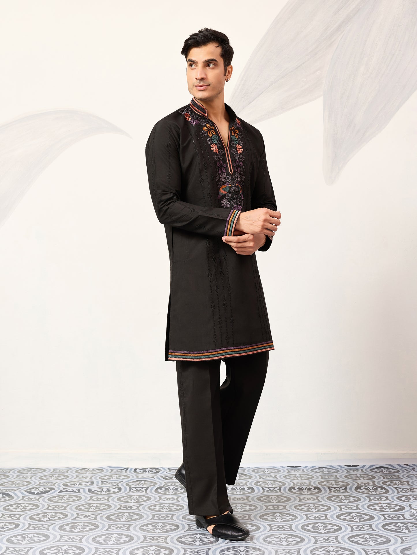 Black Luxury Kurta Set with Handcrafted Floral & Bird Embroidery
