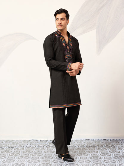 Black Luxury Kurta Set with Handcrafted Floral & Bird Embroidery
