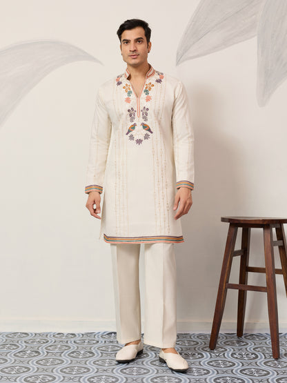 Ivory White Luxury Kurta Set with Handcrafted Floral & Bird Embroidery