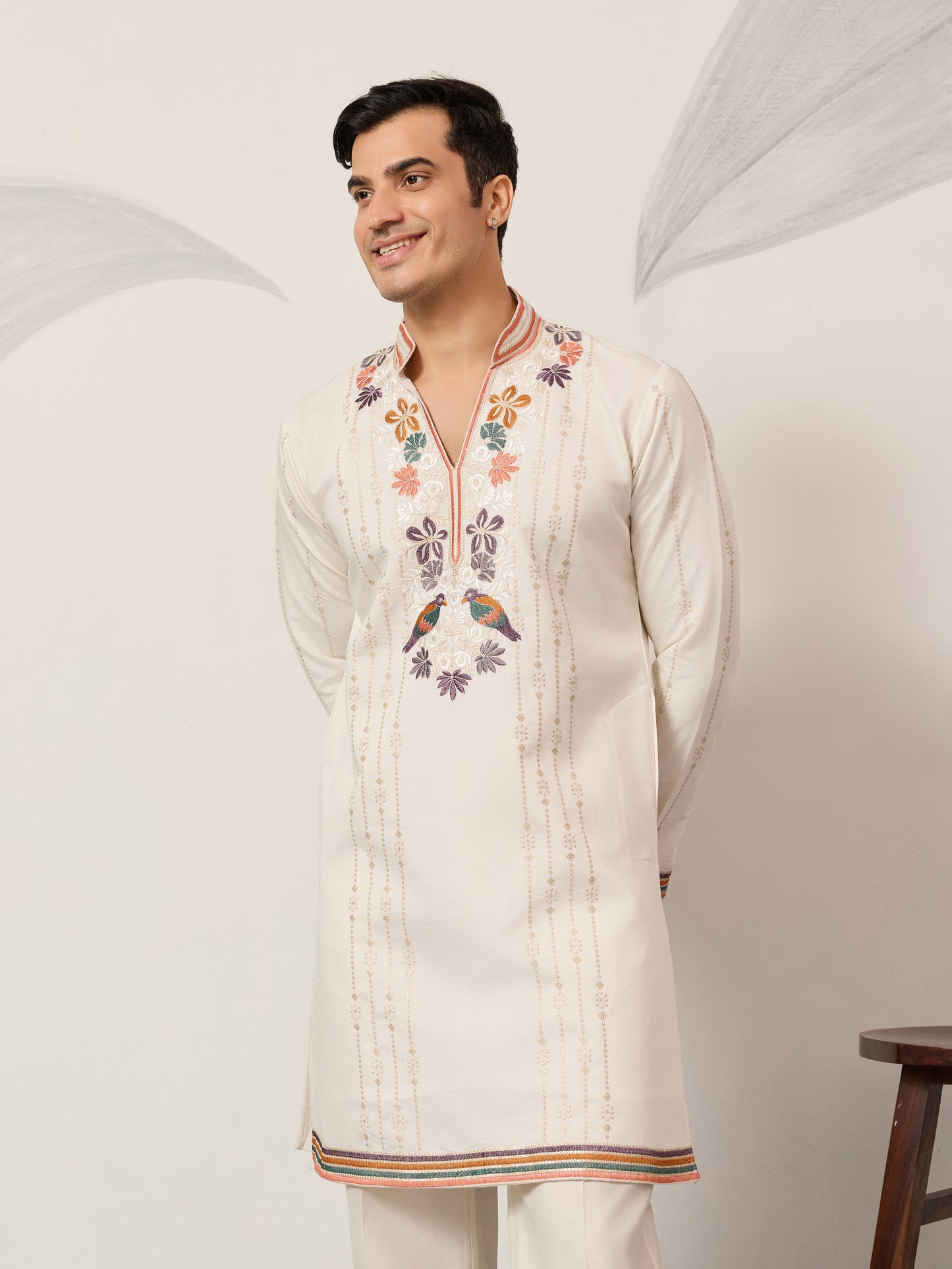 Ivory White Luxury Kurta Set with Handcrafted Floral & Bird Embroidery