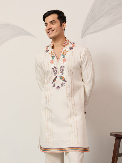 Ivory White Luxury Kurta Set with Handcrafted Floral & Bird Embroidery