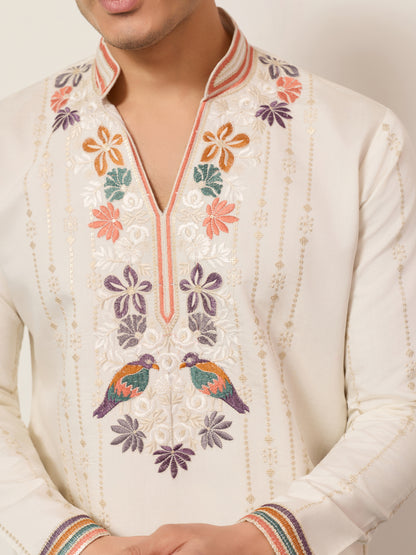 Ivory White Luxury Kurta Set with Handcrafted Floral & Bird Embroidery