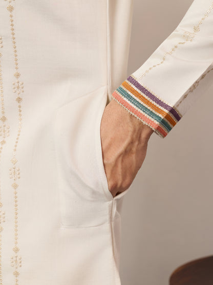 Ivory White Luxury Kurta Set with Handcrafted Floral & Bird Embroidery