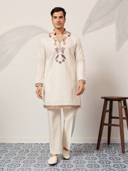 Ivory White Luxury Kurta Set with Handcrafted Floral & Bird Embroidery