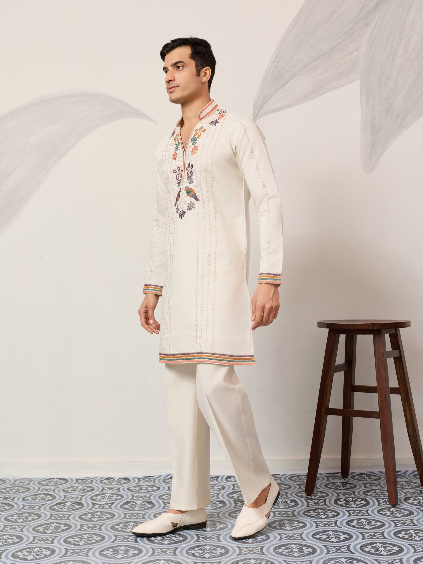 Ivory White Luxury Kurta Set with Handcrafted Floral & Bird Embroidery