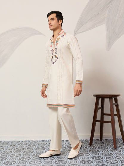 Ivory White Luxury Kurta Set with Handcrafted Floral & Bird Embroidery