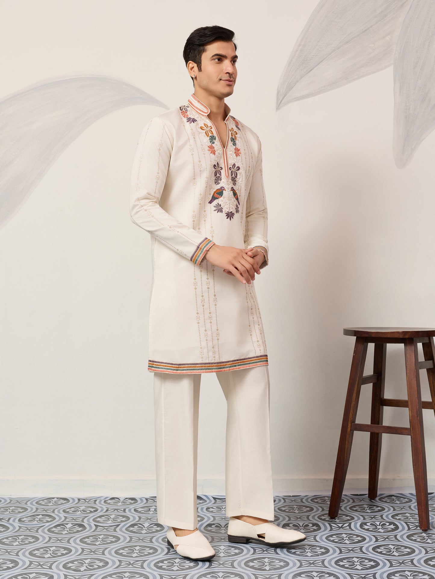 Ivory White Luxury Kurta Set with Handcrafted Floral & Bird Embroidery