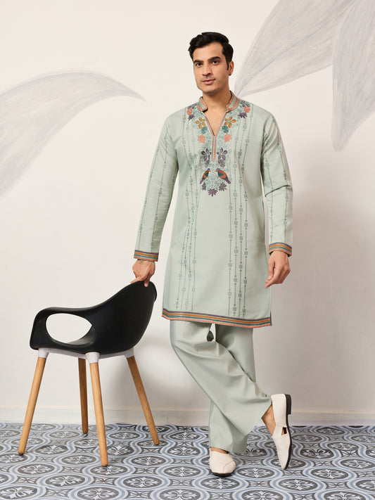 Pista Green Luxury Kurta Set with Handcrafted Floral & Bird Embroidery