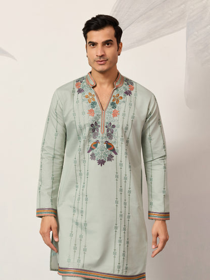 Pista Green Luxury Kurta Set with Handcrafted Floral & Bird Embroidery