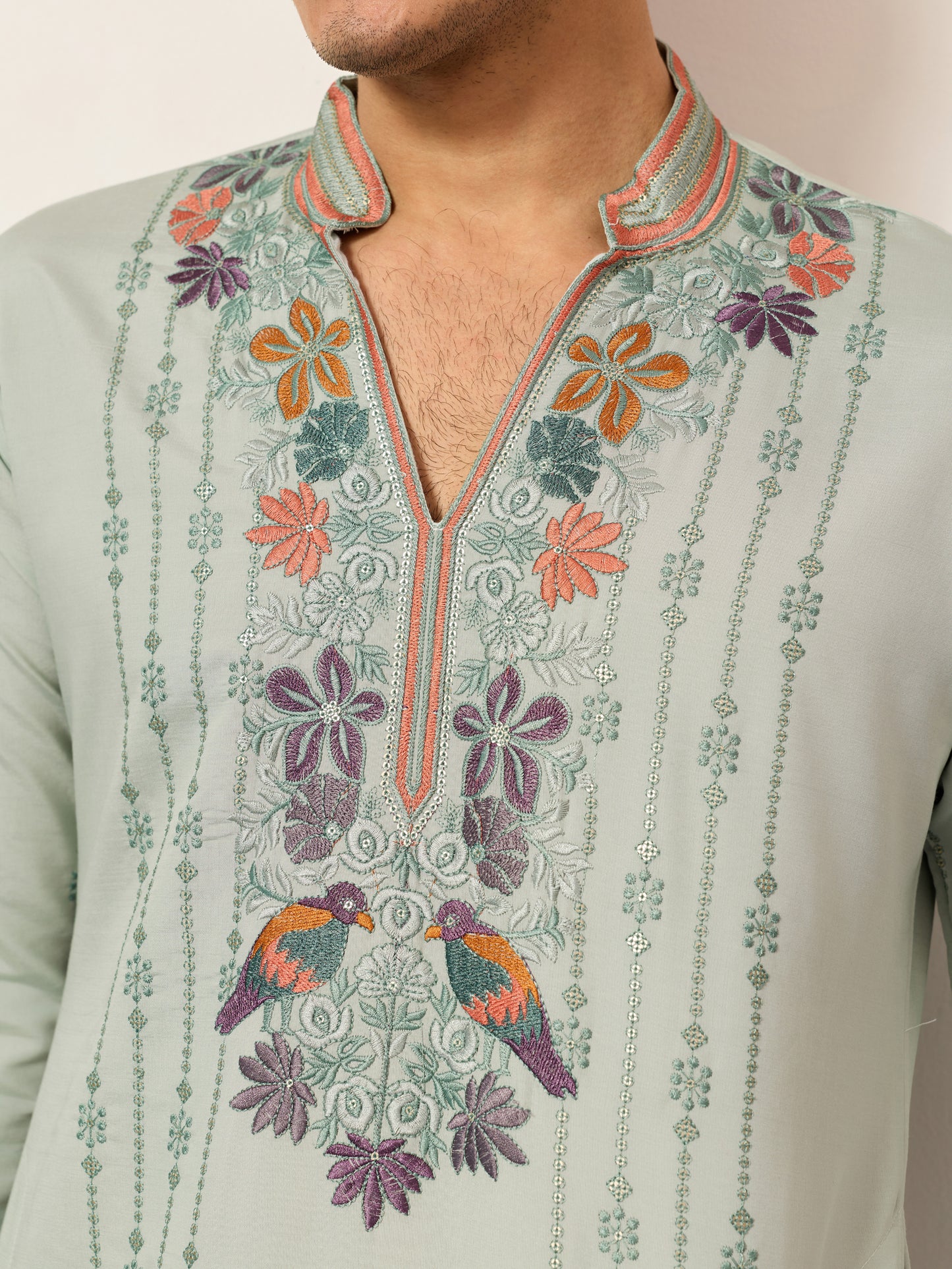 Pista Green Luxury Kurta Set with Handcrafted Floral & Bird Embroidery
