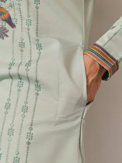 Pista Green Luxury Kurta Set with Handcrafted Floral & Bird Embroidery