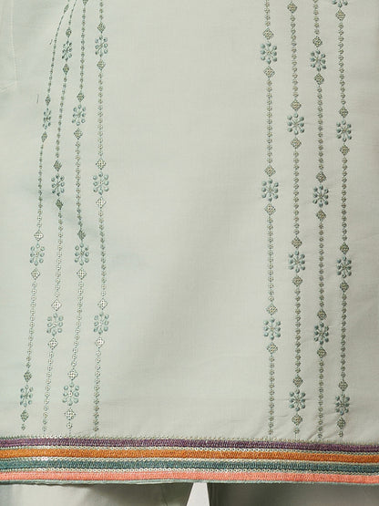 Pista Green Luxury Kurta Set with Handcrafted Floral & Bird Embroidery