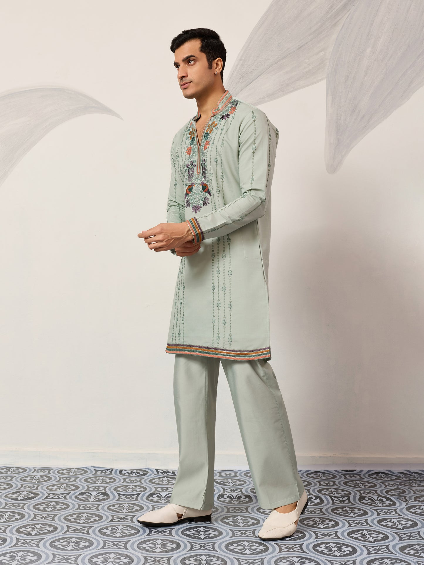 Pista Green Luxury Kurta Set with Handcrafted Floral & Bird Embroidery