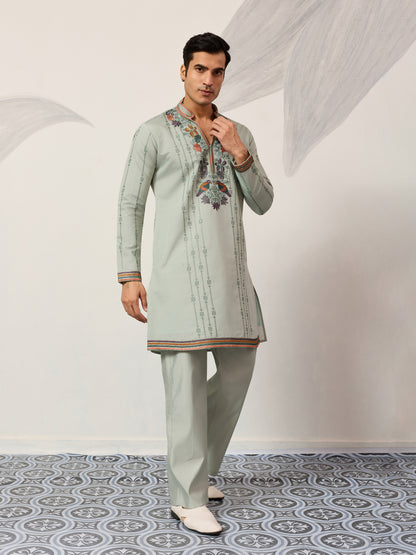 Pista Green Luxury Kurta Set with Handcrafted Floral & Bird Embroidery