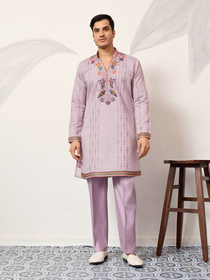 Lavender Luxury Kurta Set with Handcrafted Floral & Bird Embroidery