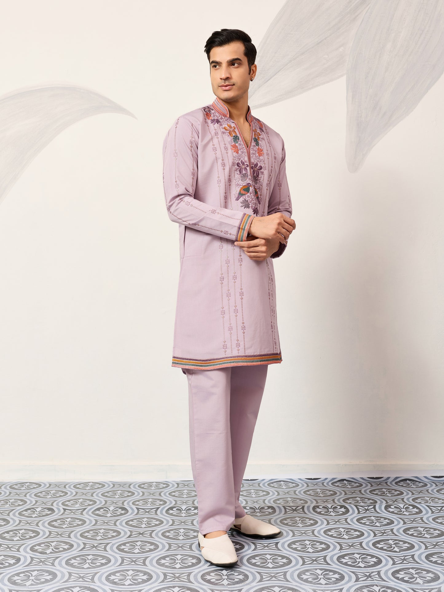 Lavender Luxury Kurta Set with Handcrafted Floral & Bird Embroidery