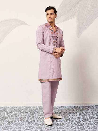 Lavender Luxury Kurta Set with Handcrafted Floral & Bird Embroidery