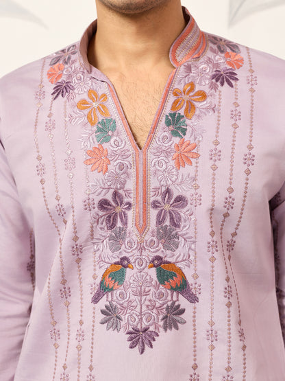 Lavender Luxury Kurta Set with Handcrafted Floral & Bird Embroidery