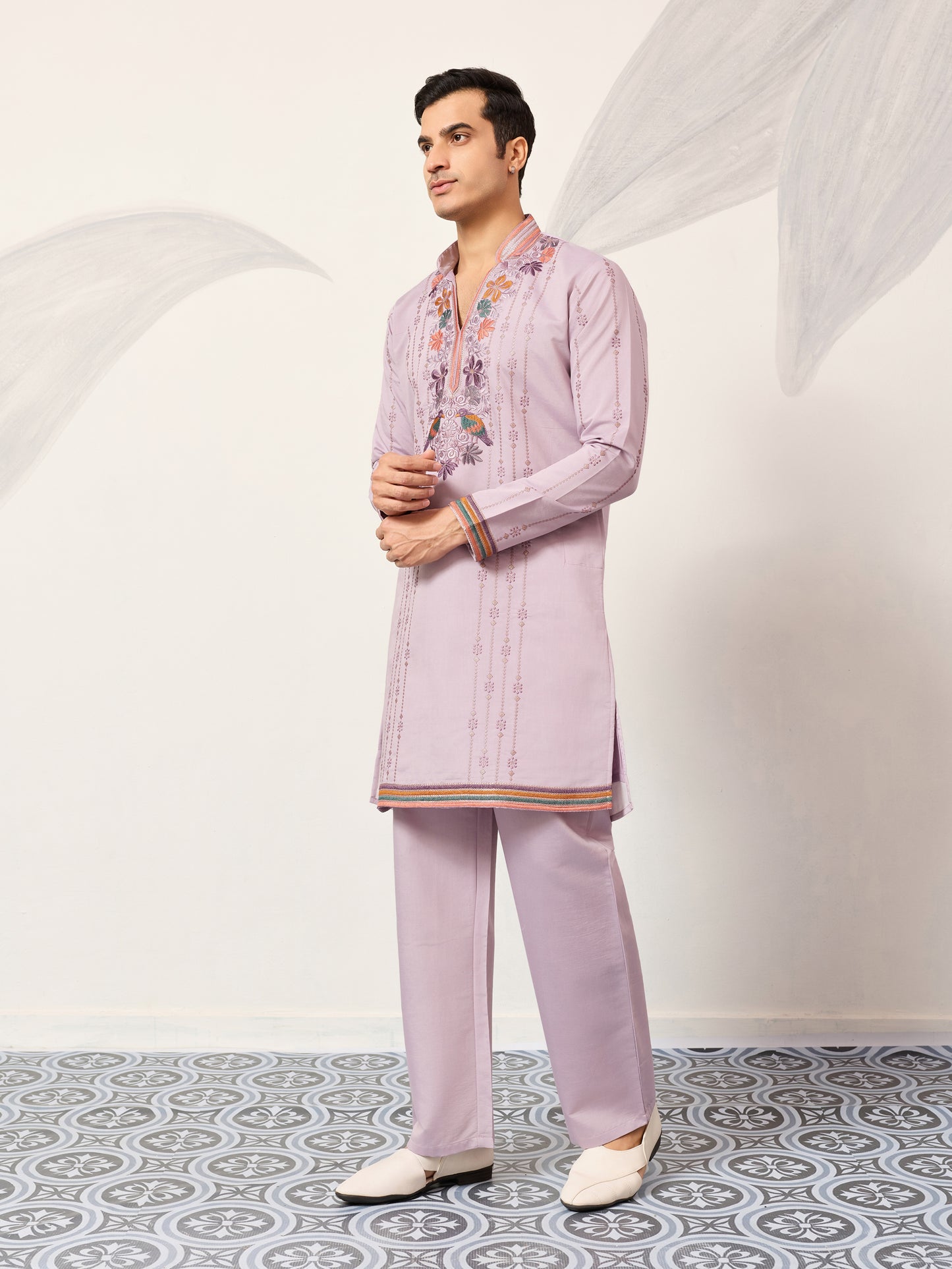 Lavender Luxury Kurta Set with Handcrafted Floral & Bird Embroidery