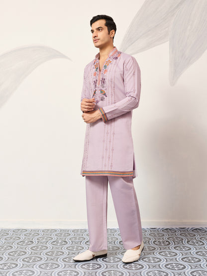 Lavender Luxury Kurta Set with Handcrafted Floral & Bird Embroidery