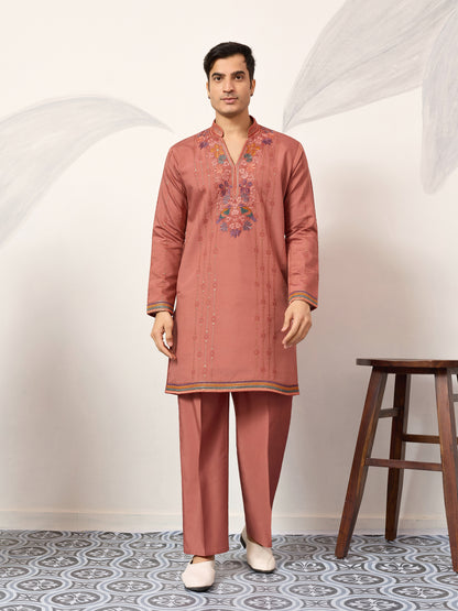 Rust Peach Embroidered Kurta Set with Signature Bird & Floral Motifs