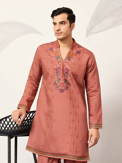 Rust Peach Embroidered Kurta Set with Signature Bird & Floral Motifs
