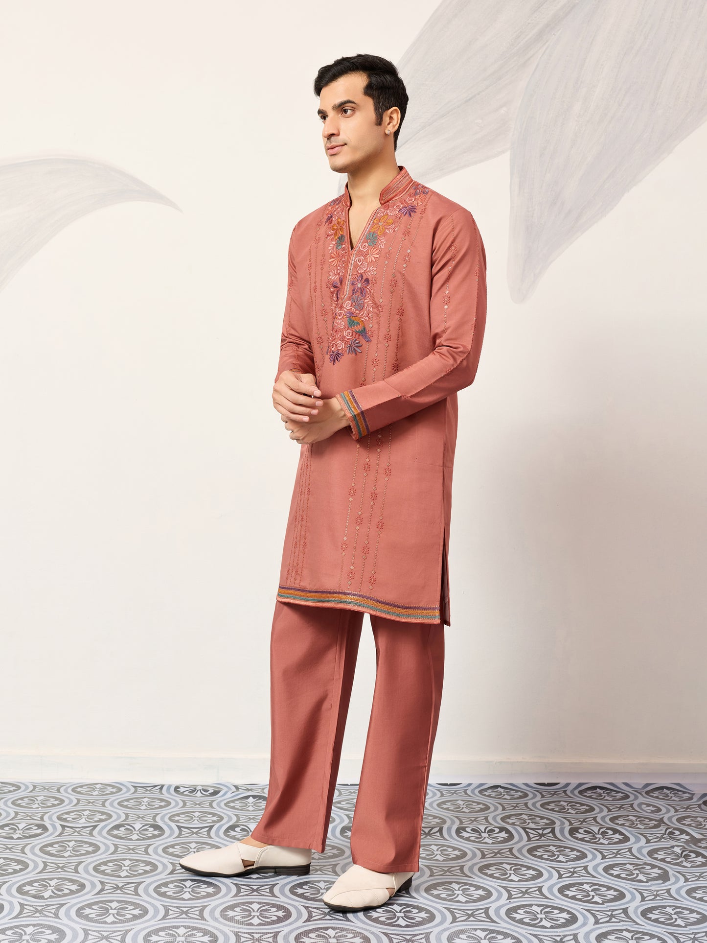 Rust Peach Embroidered Kurta Set with Signature Bird & Floral Motifs