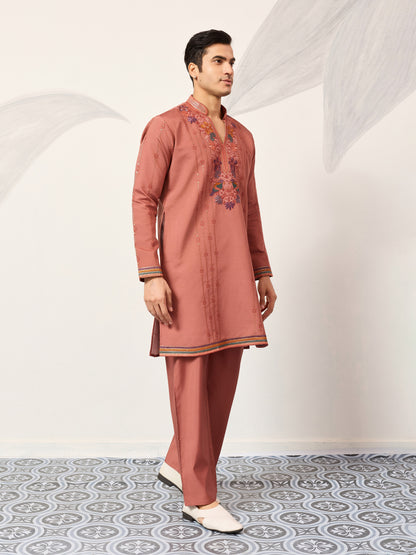 Rust Peach Embroidered Kurta Set with Signature Bird & Floral Motifs