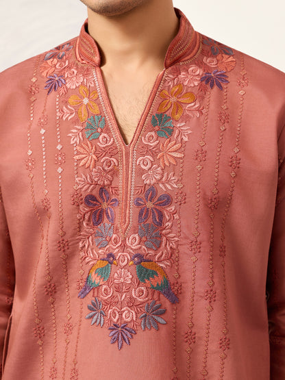 Rust Peach Embroidered Kurta Set with Signature Bird & Floral Motifs