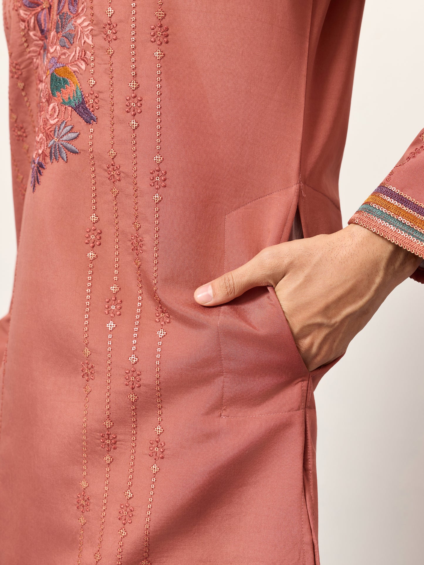 Rust Peach Embroidered Kurta Set with Signature Bird & Floral Motifs