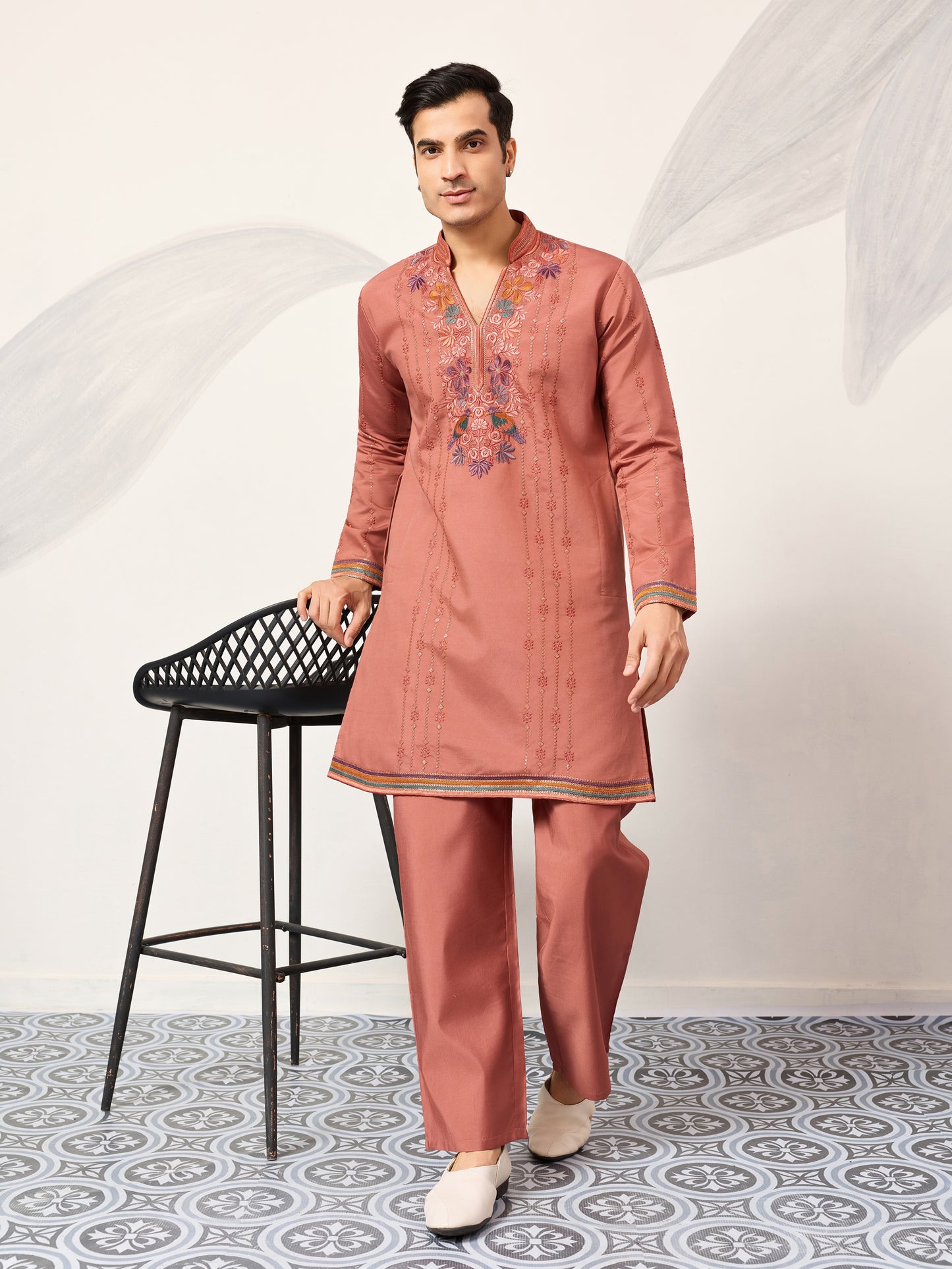Rust Peach Embroidered Kurta Set with Signature Bird & Floral Motifs