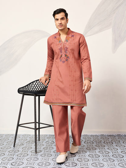 Rust Peach Embroidered Kurta Set with Signature Bird & Floral Motifs