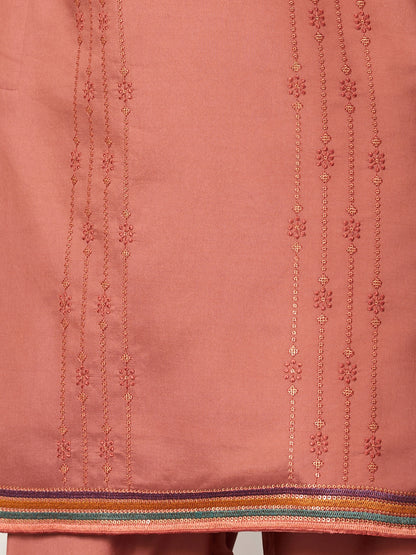Rust Peach Embroidered Kurta Set with Signature Bird & Floral Motifs
