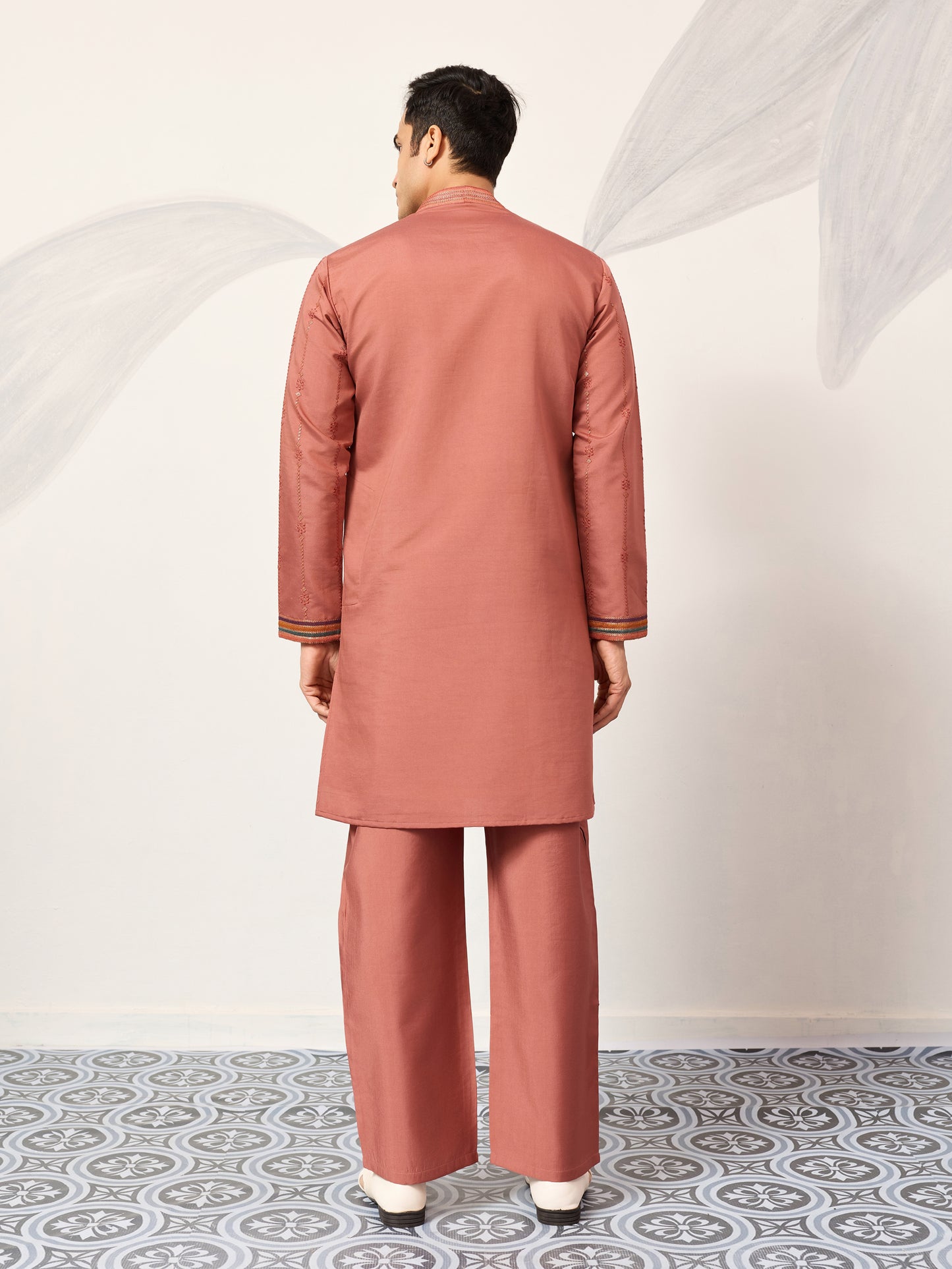 Rust Peach Embroidered Kurta Set with Signature Bird & Floral Motifs